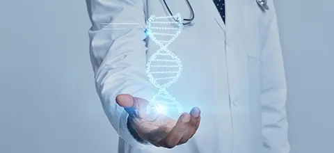 Doctor in a white coat holding a glowing holographic DNA helix in an open hand